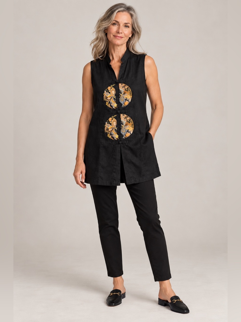Citron Santa Monica Embroidered Asian Inspired Tunic Top Black Small